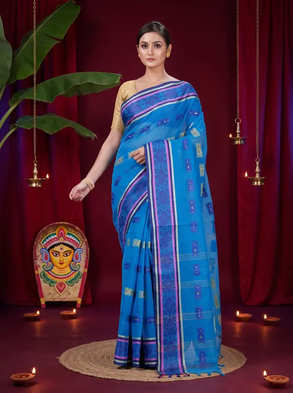 DipDiya Pure Cotton Blue Uditi Artisan Woven Tant Sarees