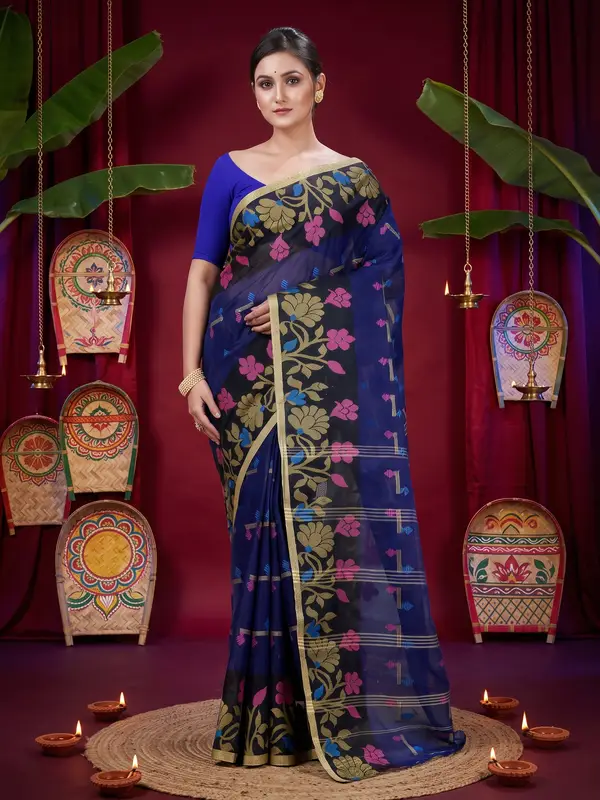 DipDiya Pure Cotton Blue Urva Bengali Heritage Tant Sarees