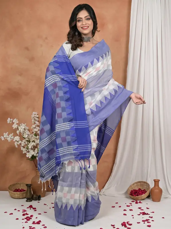 DipDiya Pure Cotton Blue White Hiran Timeless Bengal Handloom Sarees