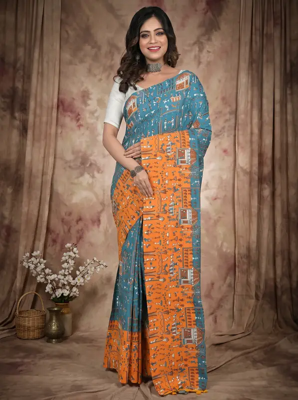 DipDiya Pure Cotton Blue Yellow Giana Woven by Hand Kalamkari Printed Sarees