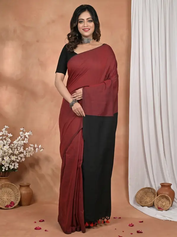 DipDiya Pure Cotton Brown Black ThanKhaditu Pure Bengali Grace Handloom Sarees
