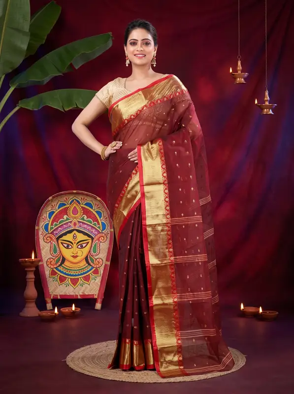 DipDiya Pure Cotton Brown JoriPar Loom to Love Tant Sarees