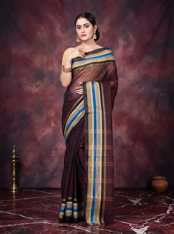 DipDiya Pure Cotton Brown Khajur Churi Strip Masterfully Woven Tant Sarees