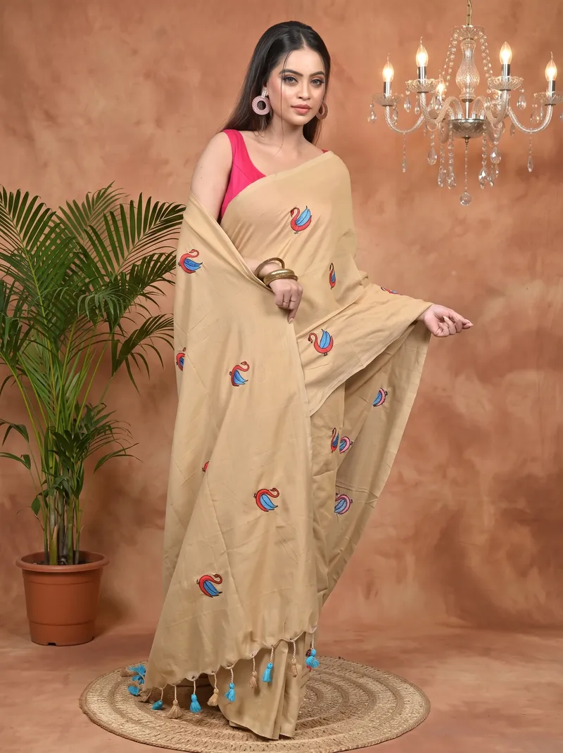 DipDiya Pure Cotton Brown Norvi Heritage of Bengal Embroidery Handloom sarees