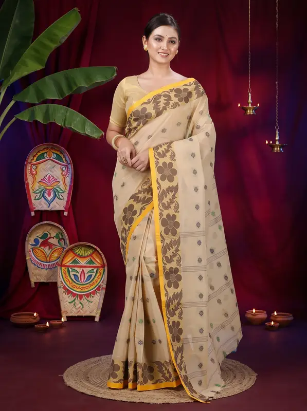 DipDiya Pure Cotton Brown Ushi Handcrafted Elegance Tant Sarees