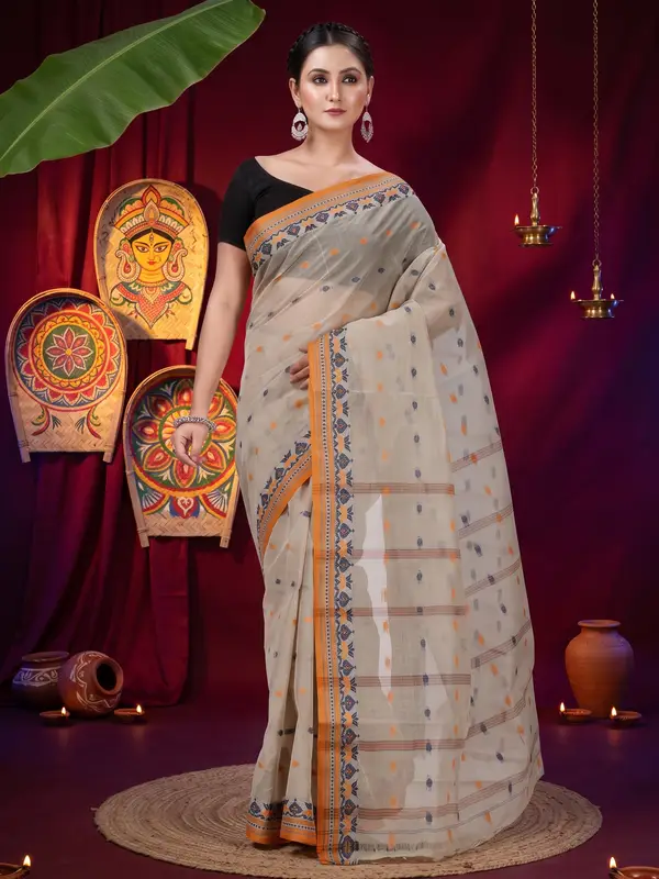 DipDiya Pure Cotton Brown Uvra Crafted in Bengal Tant Sarees