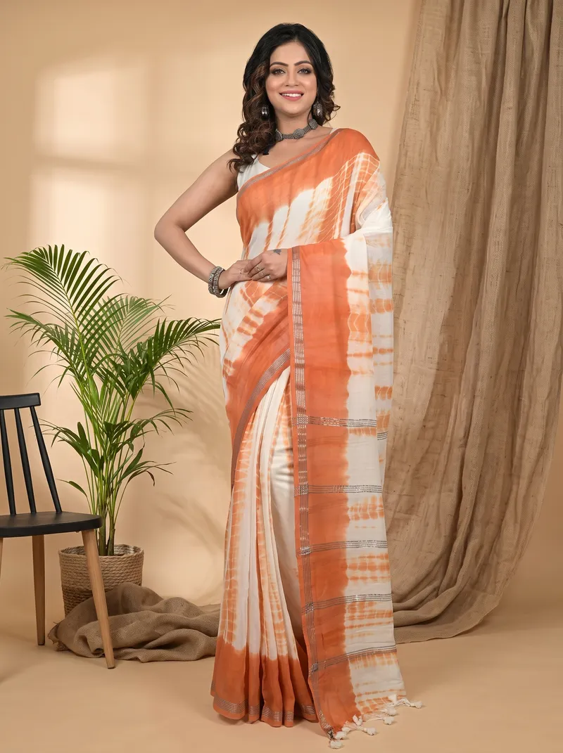 DipDiya Pure Cotton Brown White Achmol Elegance in Every Weave Badhni Dye Sarees