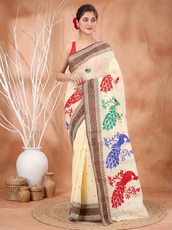 DipDiya Pure Cotton Brown White Embi Boysko Moyur Weaves with a Story Embroidery Tant Sarees