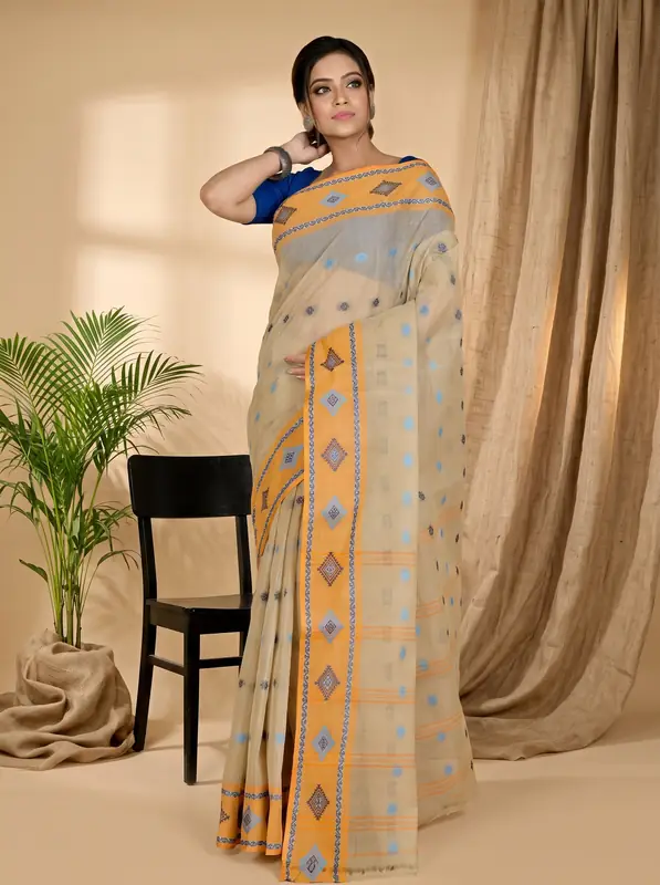 DipDiya Pure Cotton Cream Apula Rooted in Bengal Tant Sarees