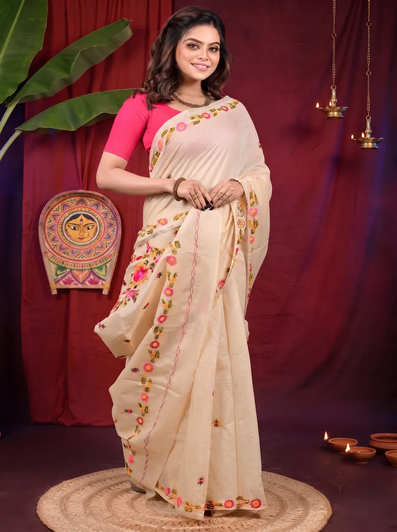 DipDiya Pure Cotton Cream Devui Stories of Bengal Kantha Stitch Sarees