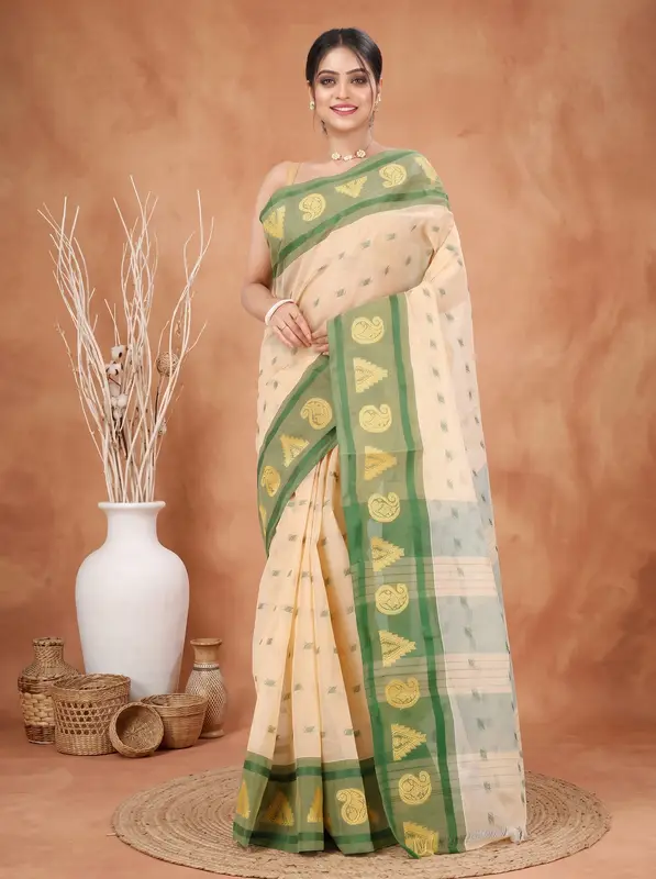 DipDiya Pure Cotton Cream Green Emma Border Heritage You Can Wear Tant Sarees