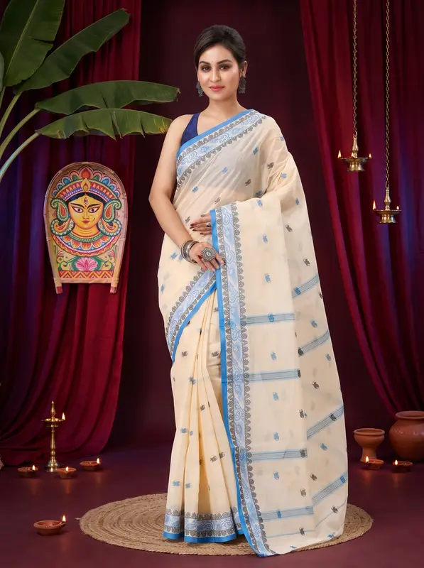 DipDiya Pure Cotton Cream Leron Regal Bengali Tant Sarees