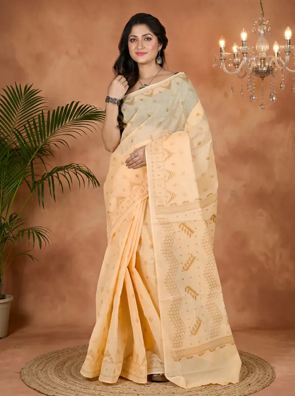 DipDiya Pure Cotton Cream Lupata Heritage Elegance Printed Tant Sarees