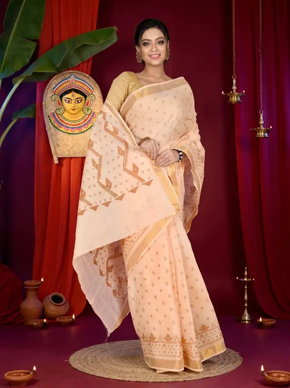 DipDiya Pure Cotton Cream Luvna Elegant by Tradition Printed Tant Sarees