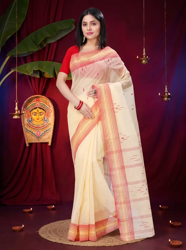 DipDiya Pure Cotton Cream Naman Timeless Bengal Tant Sarees
