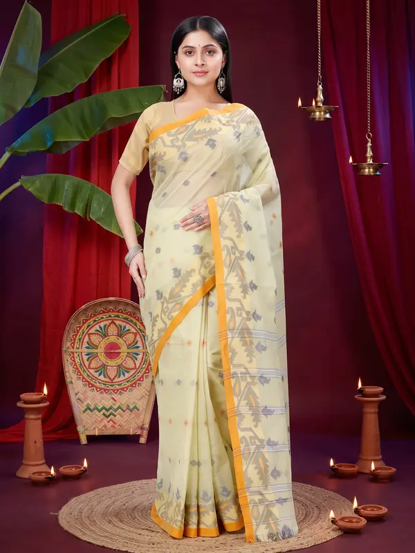 DipDiya Pure Cotton Cream Nripa Crafted in Bengal Tant Sarees