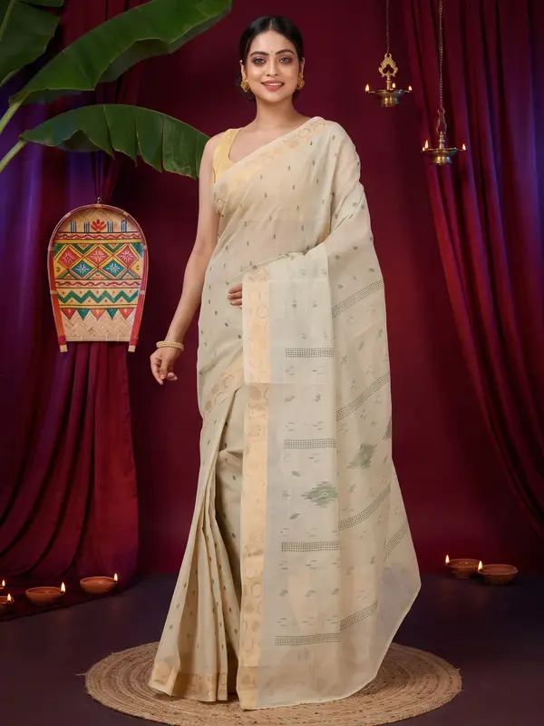 DipDiya Pure Cotton Cream Porna Timeless Bengal Printed Tant Sarees