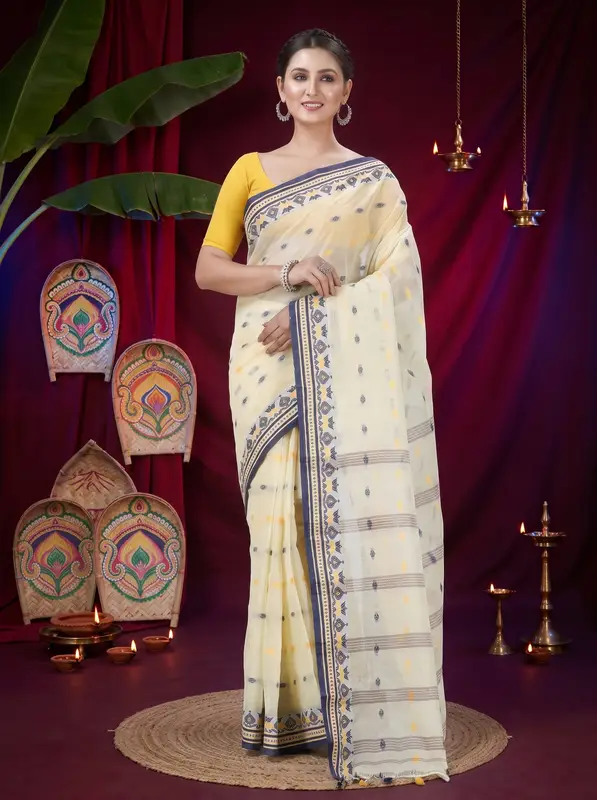 DipDiya Pure Cotton Cream Uvra Bengali Heritage Tant Sarees