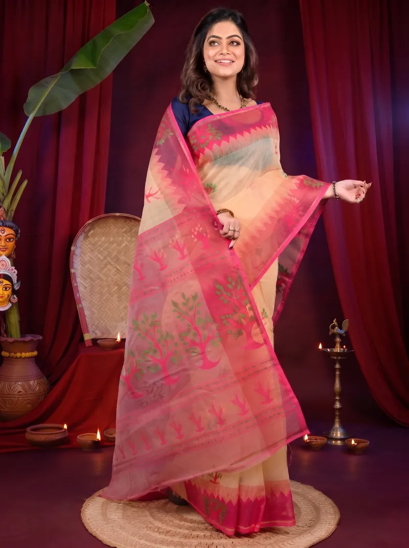 DipDiya Pure Cotton Creame Pink Fevai Heritage of Bengal Jamdani Sarees
