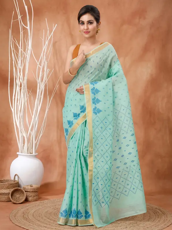 DipDiya Pure Cotton Cyan Luvya Woven with Love Printed Tant Sarees
