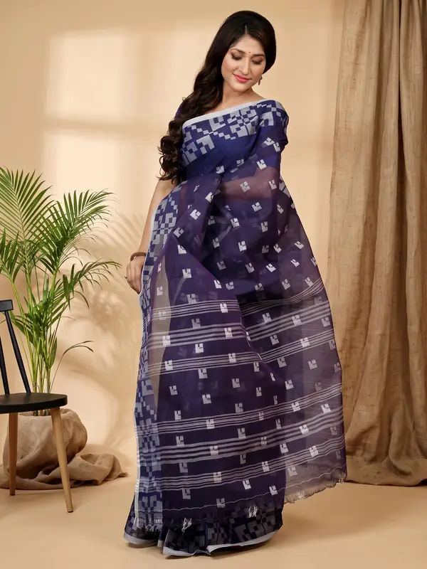 DipDiya Pure Cotton Dark Blue Aptuk Woven by Hand Tant Sarees