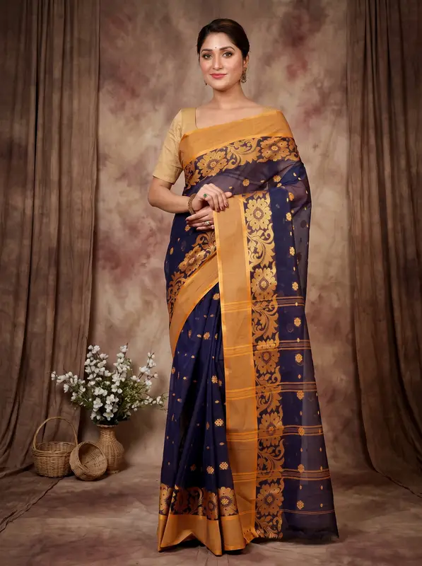DipDiya Pure Cotton Dark Blue Heruka Classic Grace Tant Sarees
