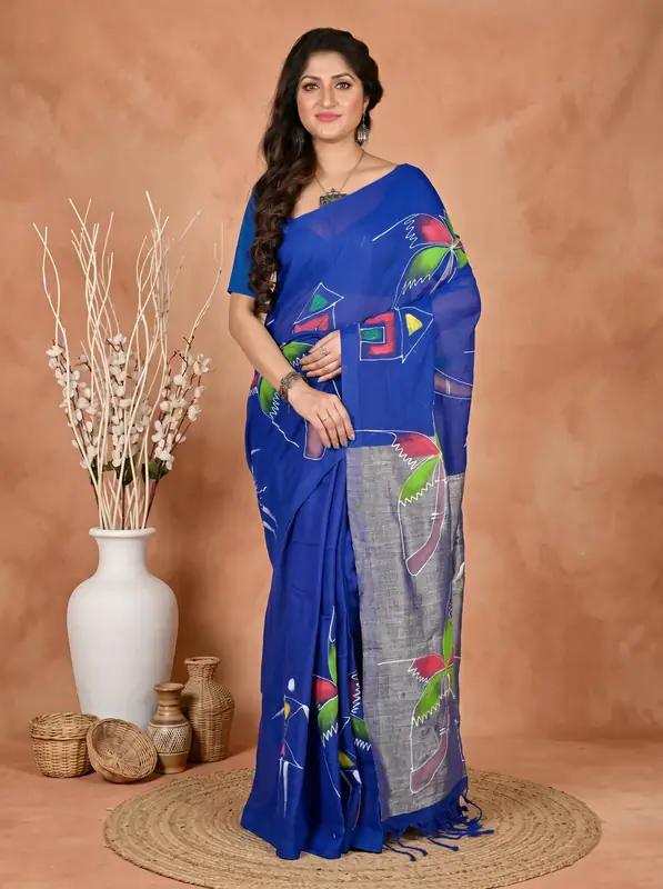 DipDiya Pure Cotton Dark Blue Keshaka Wrapped in Heritage Hand Painted Sarees