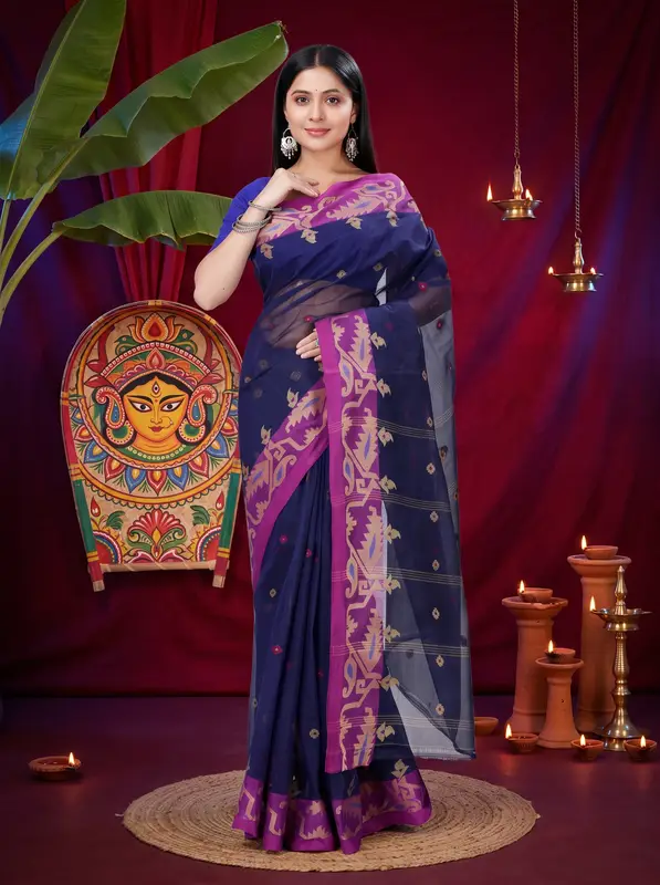 DipDiya Pure Cotton Dark Blue Nripa Classic Bengali Tant Sarees