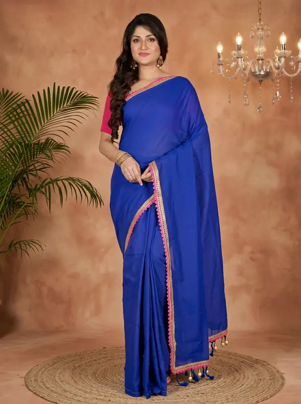 DipDiya Pure Cotton Dark Blue Thanli Artisan Woven Handloom Sarees