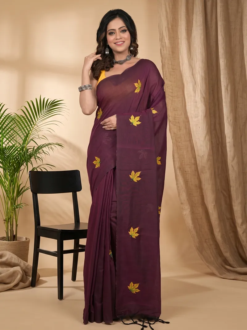 DipDiya Pure Cotton Dark Brown Achrun Heritage You Can Wear Embroidery Handloom sarees