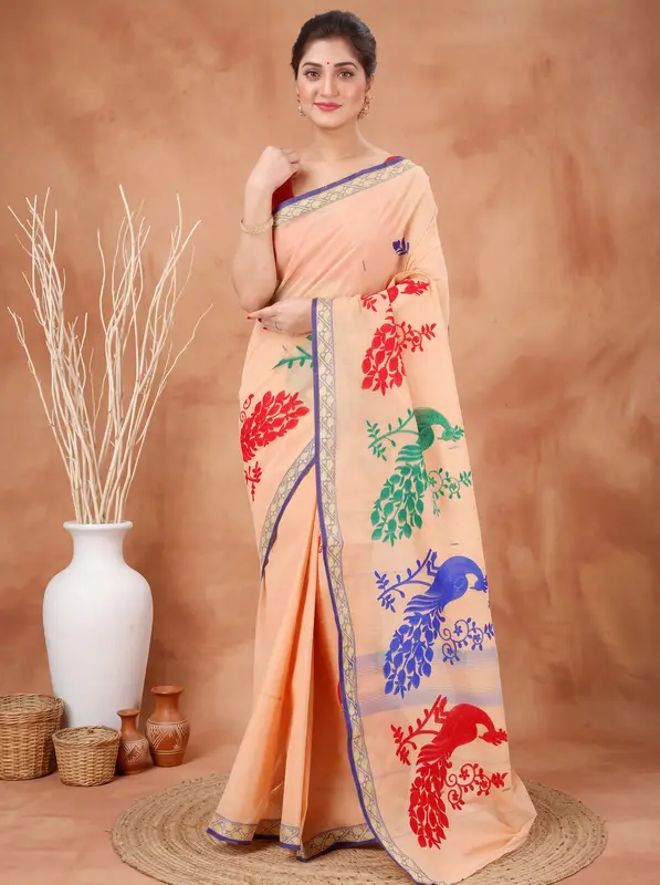 DipDiya Pure Cotton Dark Cream Embi Gaela Moyur Artisan Woven Embroidery Tant Sarees