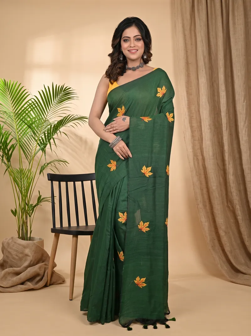 DipDiya Pure Cotton Dark Green Achrun Handloom Heritage Embroidery Handloom sarees