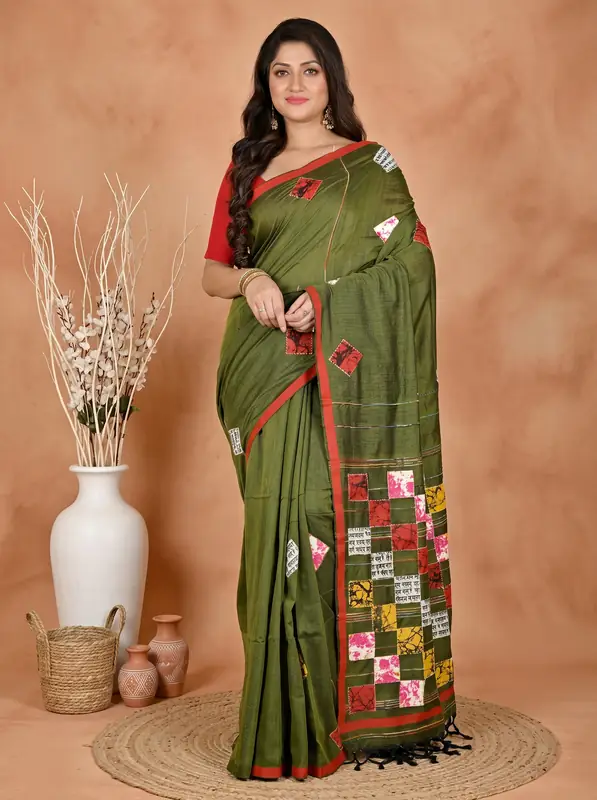 DipDiya Pure Cotton Dark Green Aplika Tanu Classic Grace Applique Sarees