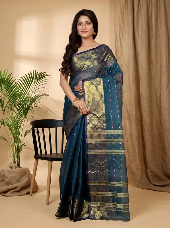 DipDiya Pure Cotton Dark Green Asmanito Masterfully Woven Tant Sarees