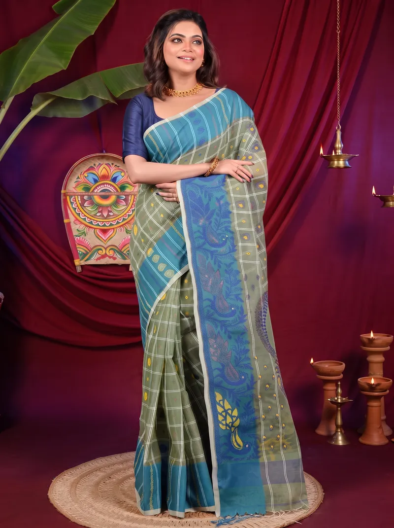 DipDiya Pure Cotton Dark Green Dhrubi Woven with Tradition Jamdani Sarees