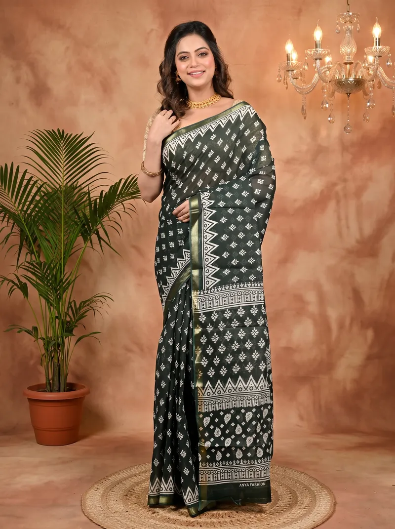 DipDiya Pure Cotton Dark Green Febasi Bengal in Every Thread Batik Print Sarees