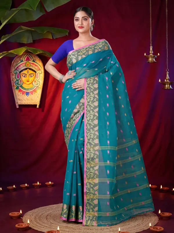 DipDiya Pure Cotton Dark Green Gopika Essence of Bengal Tant Sarees