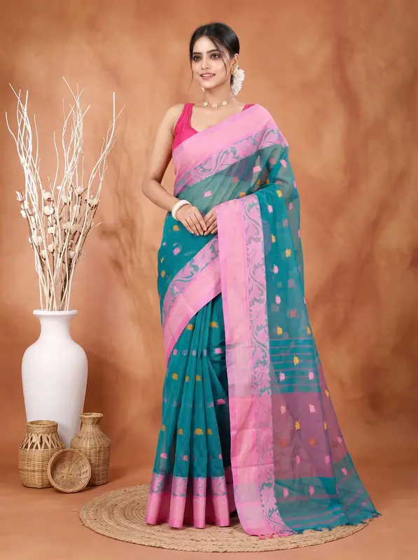 DipDiya Pure Cotton Dark Green Guti Loom to Love Tant Sarees