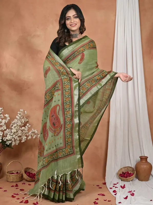 DipDiya Pure Cotton Dark Green Hilda Rooted in Bengal Printed Handloom Sarees