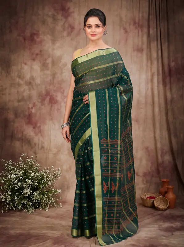 DipDiya Pure Cotton Dark Green Mera Classic Grace Tant Sarees