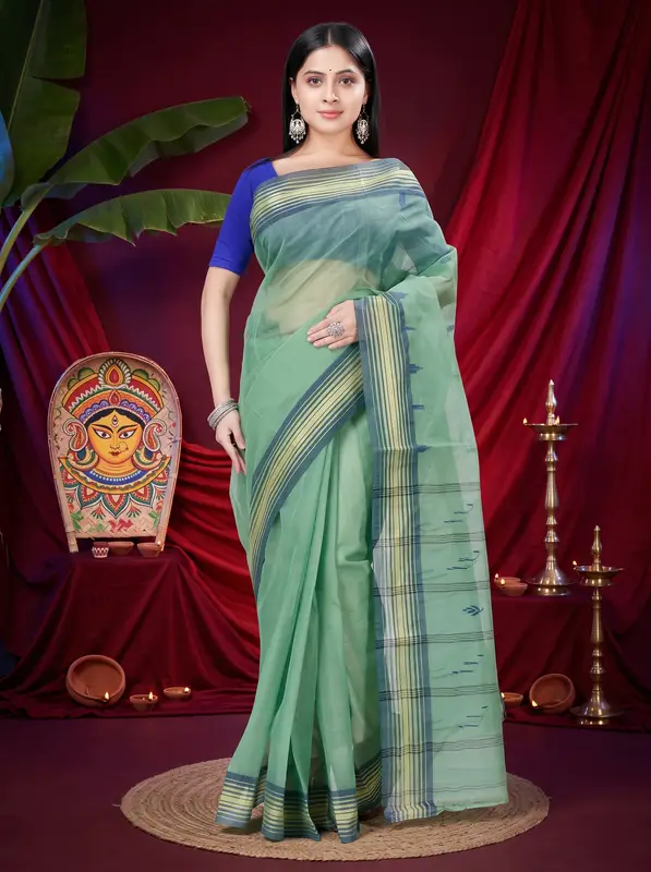 DipDiya Pure Cotton Dark Green Naman The Bengali Classic Tant Sarees
