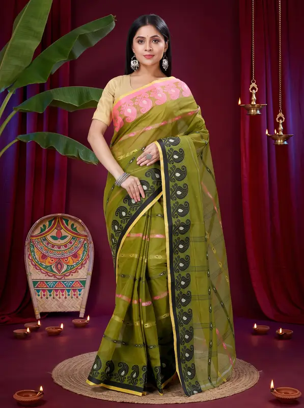DipDiya Pure Cotton Dark Green Nehan Grace of Bengal Tant Sarees