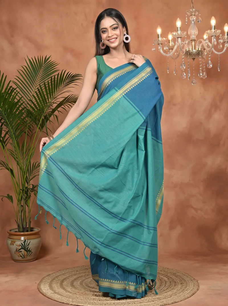DipDiya Pure Cotton Dark Green Nopra Artisan Crafted Handloom Sarees