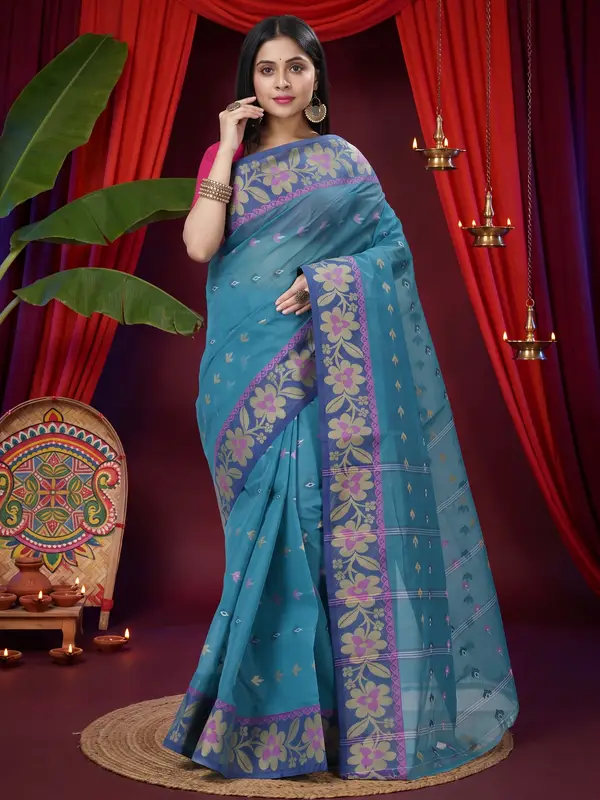 DipDiya Pure Cotton Dark Green Numan Pure Bengali Grace Tant Sarees