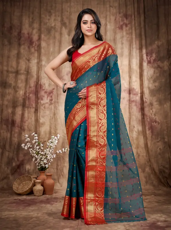 DipDiya Pure Cotton Dark Green Sachi Grace of Bengal Tant Sarees