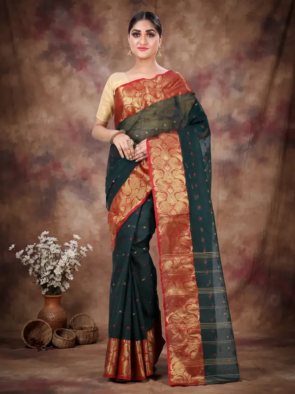 DipDiya Pure Cotton Dark Green Saloni Crafted in Bengal Tant Sarees