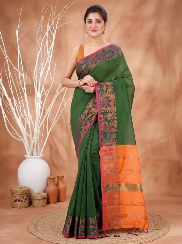 DipDiya Pure Cotton Dark Green Swarno Elegant by Tradition Handloom Sarees