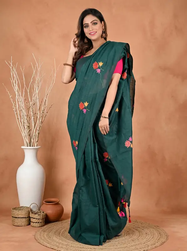 DipDiya Pure Cotton Dark Green Umkor Than Threads of Tradition Embroidery Handloom sarees