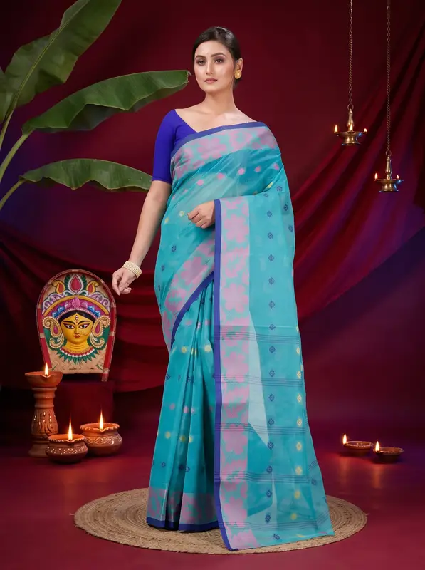 DipDiya Pure Cotton Dark Green Ushi Grace of Bengal Tant Sarees