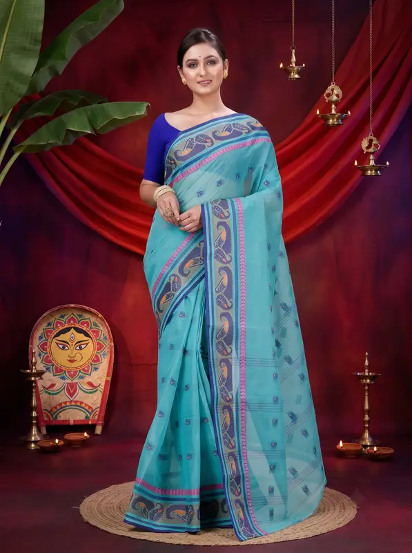DipDiya Pure Cotton Dark Green Utkal Bengali Heritage Tant Sarees